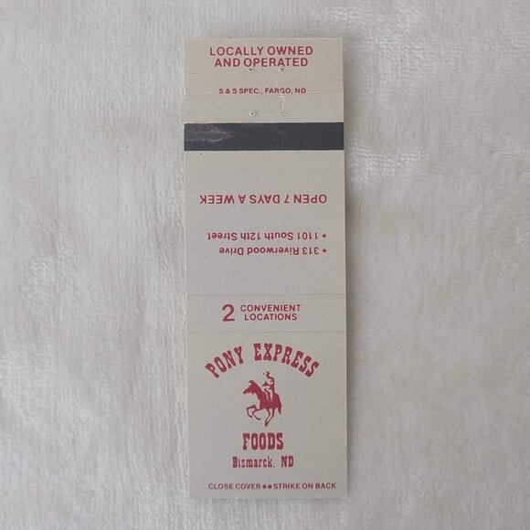 Matchbook Cover Pony Express Foods Bismarck ND North Dakota White Red Text - Picture 3 of 4